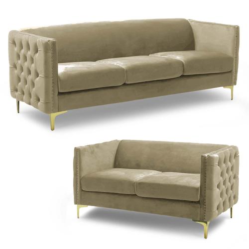 Ensemble Canapé 3+2 Places En Velours Beige Cynthia