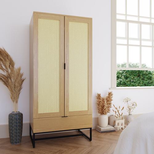 Armoire Penderie 2 Portes 1 Tiroir En Bois Métal Et Cannage Tullio