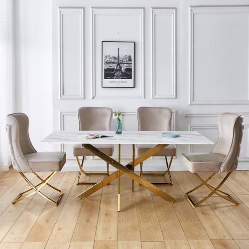 Table À Manger Rectangulaire Design Verre Marbré Et Pieds Dorés 6 Personnes Melissa