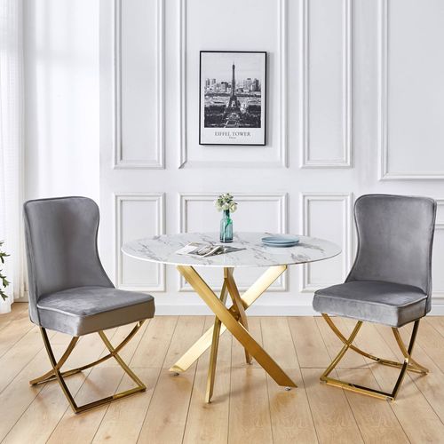 Table À Manger Ronde Design Verre Marbré Et Pieds Dorés 4 Personnes Melissa