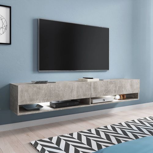 Meuble Tv Suspendu 2 Portes 2 Niches Gris Béton Romane Xxl - 180 Cm