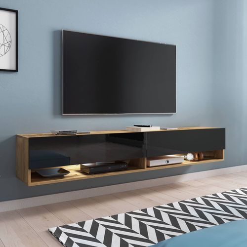 Meuble Tv Suspendu 2 Portes 2 Niches En Chêne Et Noir Romane Xxl - 180 Cm