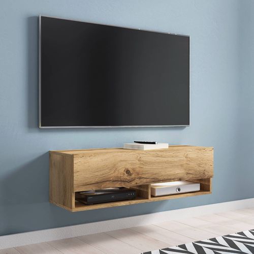 Meuble Tv Suspendu 1 Porte 2 Niches En Chêne Romane - 100 Cm