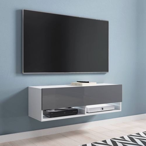 Meuble Tv Suspendu 1 Porte 2 Niches Blanc Et Gris Romane - 100 Cm