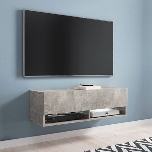 Meuble Tv Suspendu 1 Porte 2 Niches Gris Béton Romane - 100 Cm
