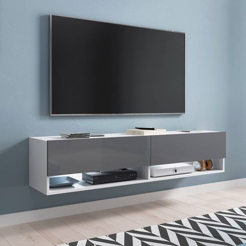 Meuble Tv Suspendu 2 Portes 2 Niches Blanc Et Gris Romane Xl - 140 Cm