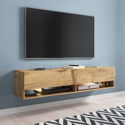 Meuble Tv Suspendu 2 Portes 2 Niches En Chêne Romane Xl - 140 Cm