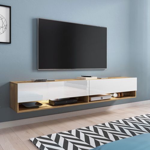 Meuble Tv Suspendu 2 Portes 2 Niches En Chêne Et Blanc Romane Xxl - 180 Cm