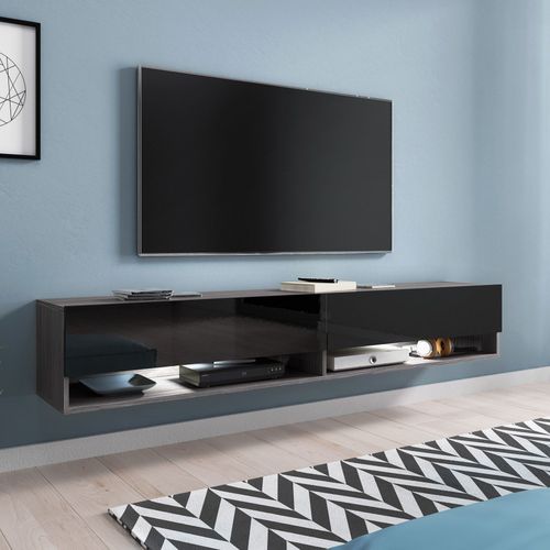 Meuble Tv Suspendu 2 Portes 2 Niches Gris Foncé Et Noir Romane Xxl - 180 Cm