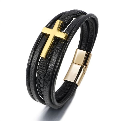 Bracelet Croisé En Corde De Cuir Et D'acier Inoxydable Tissé Multicouche Punk 19 Cm