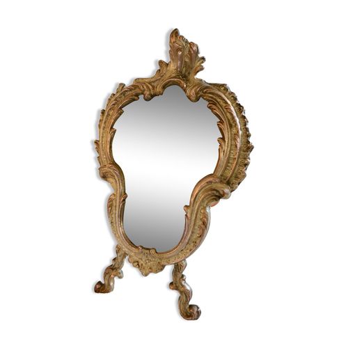 Petit miroir ou face main vintage XIXme bronze glace biseaute style baroque rocaille dore