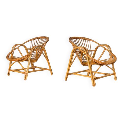Paire Fauteuil En Rotin Vintage Annes 70 Bois