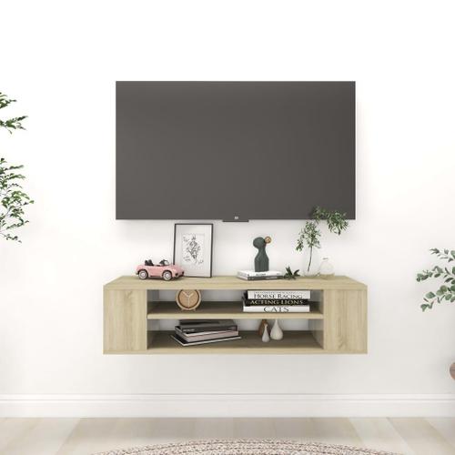 Meuble Tv Suspendu Chêne Bois Moderne Design Salon Rangement 100x30x26,5cm