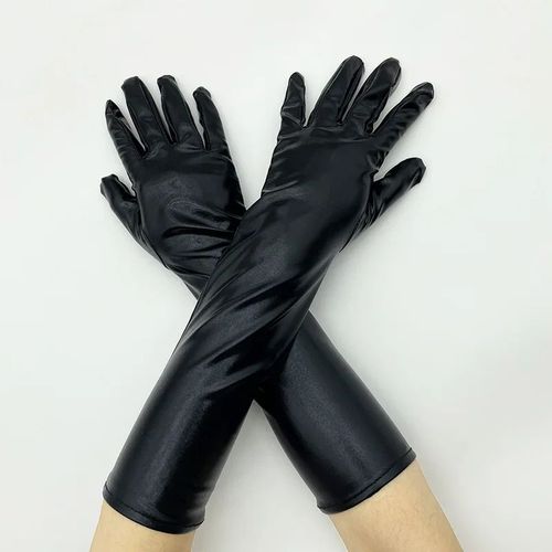 Gants Métalliques En Faux Cuir Pour Femmes,Aspect Dos Or Et Argent,Mitaines De Performance De Soirée,Gants Longs En Latex,Longueur De Coude Sexy - Type Black-M