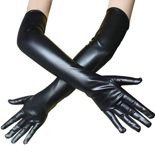 Gants Métalliques En Faux Cuir Pour Femmes,Aspect Dos Or Et Argent,Mitaines De Performance De Soirée,Gants Longs En Latex,Longueur De Coude Sexy - Type New Black-M