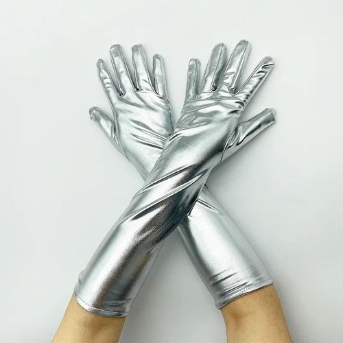 Gants Métalliques En Faux Cuir Pour Femmes,Aspect Dos Or Et Argent,Mitaines De Performance De Soirée,Gants Longs En Latex,Longueur De Coude Sexy - Type Argent-M