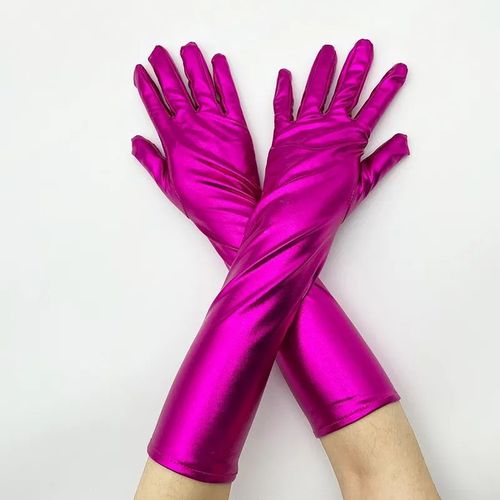 Gants Métalliques En Faux Cuir Pour Femmes,Aspect Dos Or Et Argent,Mitaines De Performance De Soirée,Gants Longs En Latex,Longueur De Coude Sexy - Type Rose Rouge-M
