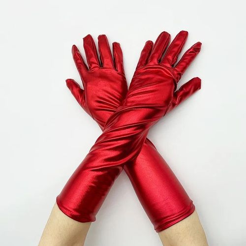 Gants Métalliques En Faux Cuir Pour Femmes,Aspect Dos Or Et Argent,Mitaines De Performance De Soirée,Gants Longs En Latex,Longueur De Coude Sexy - Type Rouge-M