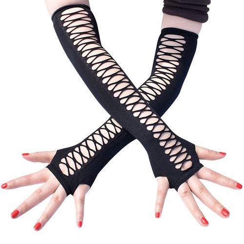 Gants Élastiques Sans Doigts Pour Femmes,Longueur De Coude,Punk,Mitaines Découpées En Maille Croisée,Costumes De Fête Cosplay - Type Black