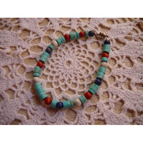 Bracelet Turquoise Corail Et Bleu Fantaisie Fait Main