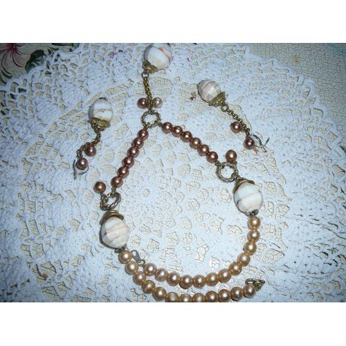 Collier Et Boucles D'oreilles Beige Artisanal