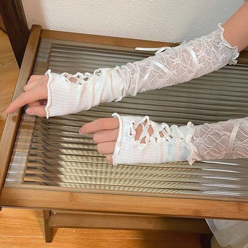 Gants Longs En Dentelle Pour Femme,Sangle Sexy,Longueur Du Coude,Punk,Sans Doigts,Chauffe-Bras,Goth,Noir,Accessoires Cosplay,Résille,Maille,Ix - Type White Long