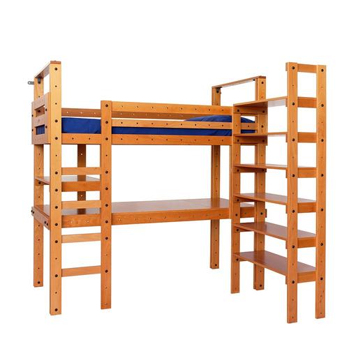 Lit Pont + Bureau + Bibliothèque, Lit Pour Enfants Et Adultes, En Hêtre Massif, Lit Mezzanine Design Avec Bureau Et Bibliothèque, Dim. 196 X194 H197 Cm