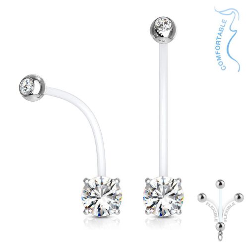Piercing Nombril Grossesse Pierre Zirconium Bébé Maternité Longue Barre Acrylique Retainer Bioflex Elena Blanc Lovepiercing