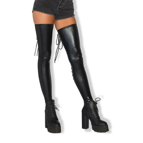Collant À Lacets Wetlook Noir - Leg Avenue