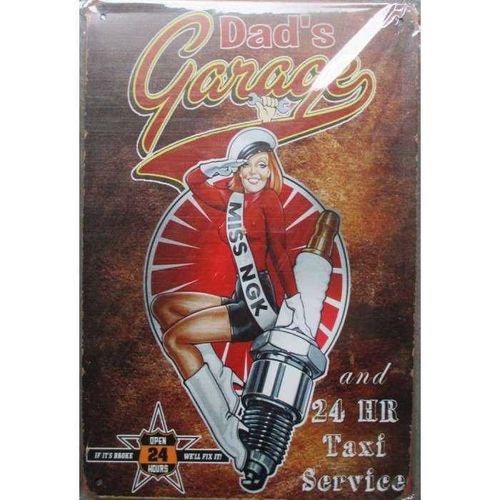 Plaque Dads Garage Et Pin Up Bougie Ngk Spark Plug 30cm Tole Publicitaire Metal Pub
