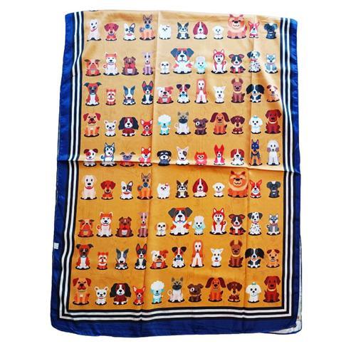 Promotion ! Foulard En Soie 'chiens' Doré Bleu - 180x70 Cm