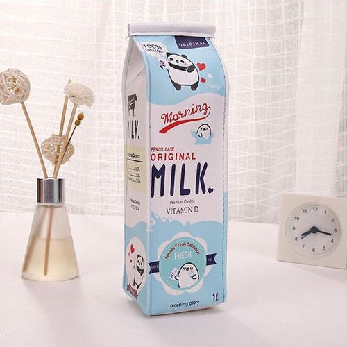 Bleu - Étui À Crayons En Cuir Pu, 1 Pièce, Mignon Kawaii Bouteille De Lait Cosmétique Du Matin, Boîte De Sac Fournitures Scolaires Et De Bureau, Papeterie Cadeau Panda