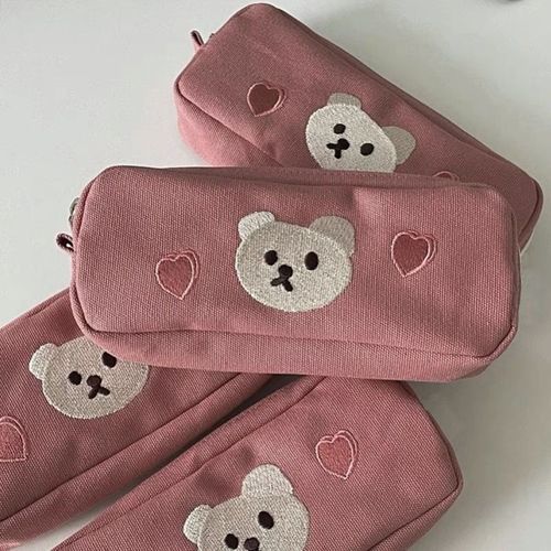 Rose - Étui À Crayons En Velours Côtelé Brodé Coréen Ins Japonais, Mignon Ours Kawaii Pour Étudiant, Papeterie Scolaire De Retour À L'école