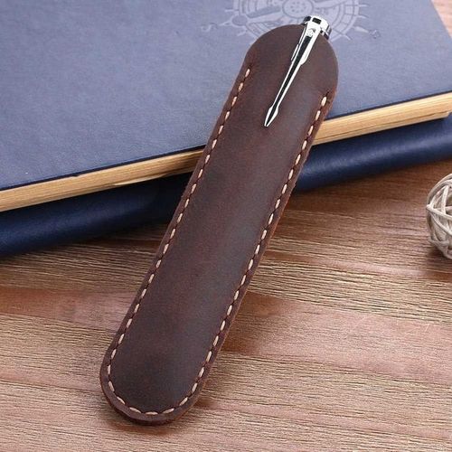 Café - Étui À Crayons Vintage En Cuir Véritable Support De Pochette, Sac À Crayons, Étui En Cuir De Vache, Porte Stylo, Fournitures De Bureau Scolaires Et De Voyage