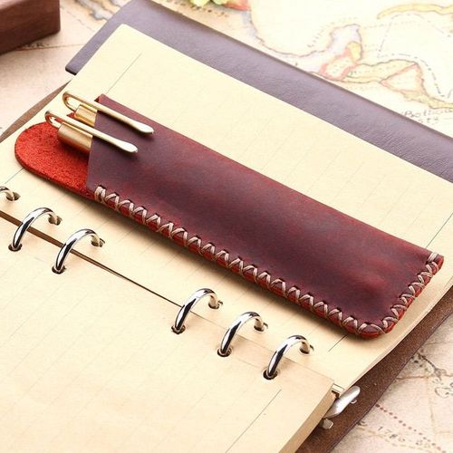 Bourgogne - Étui À Crayons Vintage En Cuir Véritable Support De Pochette, Sac À Crayons, Étui En Cuir De Vache, Porte Stylo, Fournitures De Bureau Scolaires Et De Voyage