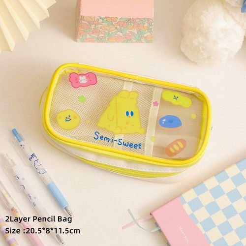 Jaune - Étuis À Crayons Transparents À 3 Couches Ours Mignon, Sac À Stylos De Grande Capacité, Papeterie Scolaire En Cuir Organisateur Étui D'école Pour Enfants