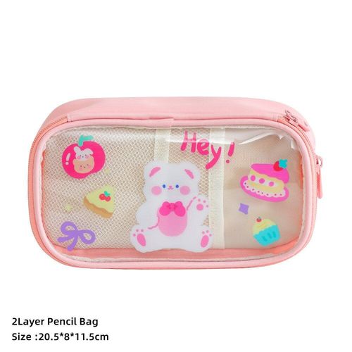 Rose - Étuis À Crayons Transparents À 3 Couches Ours Mignon, Sac À Stylos De Grande Capacité, Papeterie Scolaire En Cuir Organisateur Étui D'école Pour Enfants