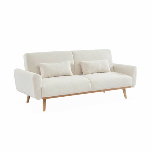Canapé Convertible À Bouclettes Blanches- Oskar - 2 - 3 Places Scandinave Droit Avec Pieds Bois
