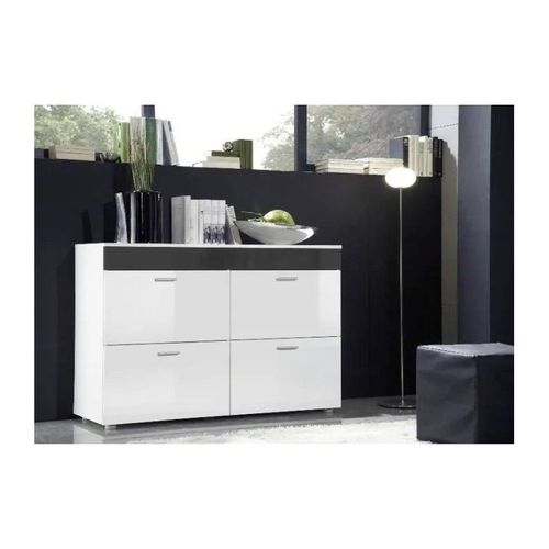 Commode Design Logo, 4 Portes Coloris Blanc Brillant Et Bande Grise Brillante