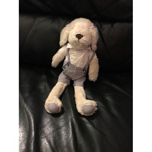 Peluche Chien En Short Salopette Rayé Bleu Et Blanc Jacadi 24cm