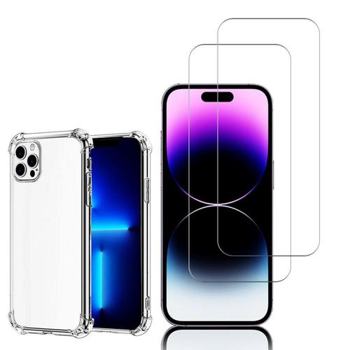 Coque Silicone Tpu Souple Pour Apple Iphone 14 Pro Max 6.7" Anti-Choc Ultra Résistant Avec Coins Renforcés - Transparent + 2 Films Verre Trempé - Transparent