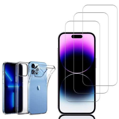 Coque Silicone Pour Apple Iphone 14 Pro Max 6.7" Gel Ultraslim Et Ajustement Parfait - Transparent + 3 Films Verre Trempé - Transparent