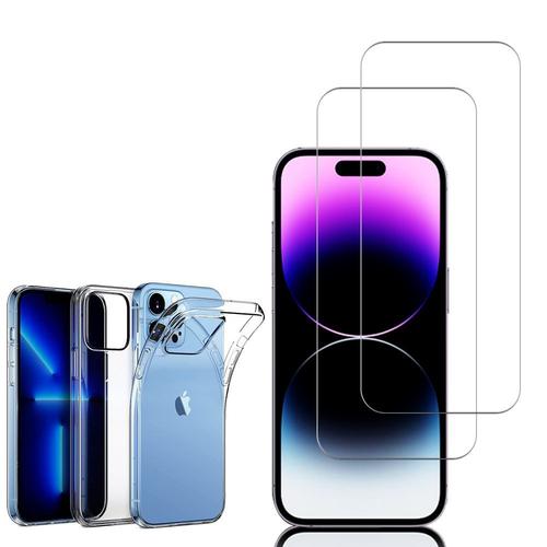 Coque Silicone Pour Apple Iphone 14 Pro Max 6.7" Gel Ultraslim Et Ajustement Parfait - Transparent + 2 Films Verre Trempé - Transparent