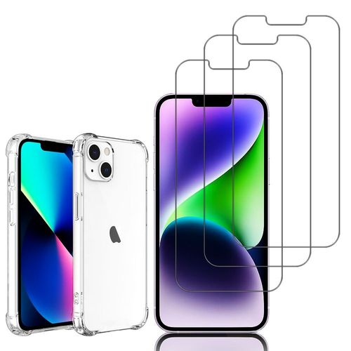 Coque Silicone Tpu Souple Pour Apple Iphone 14 Plus 6.7" Anti-Choc Ultra Résistant Avec Coins Renforcés - Transparent + 3 Films Verre Trempé - Transparent