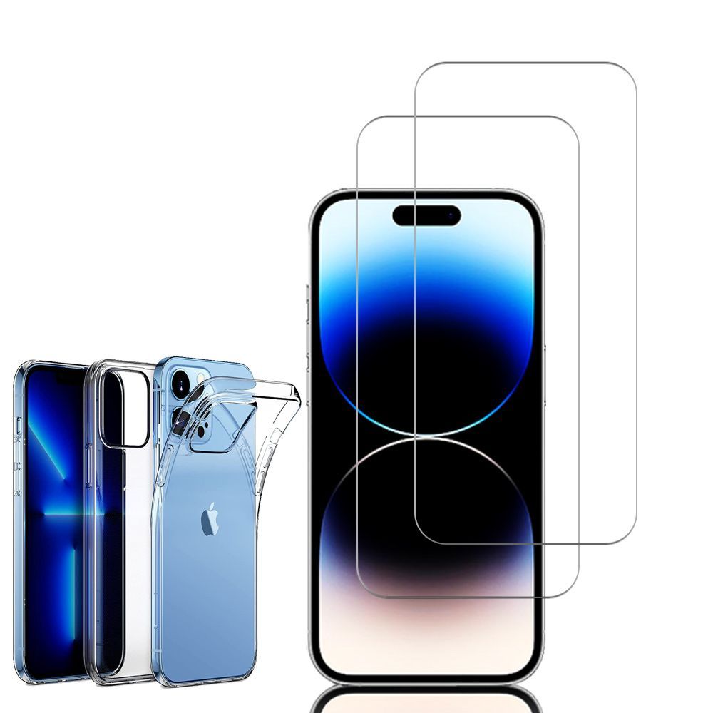 Coque Silicone Pour Apple Iphone 14 Pro 6.1" Gel Ultraslim Et Ajustement Parfait - Transparent + 2 Films Verre Trempé - Transparent