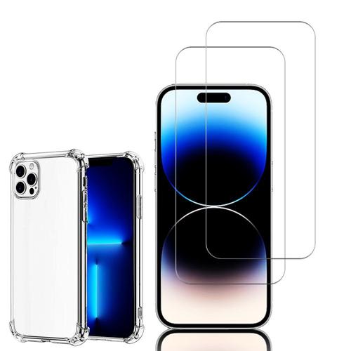 Coque Silicone Tpu Souple Pour Apple Iphone 14 Pro 6.1" Anti-Choc Ultra Résistant Avec Coins Renforcés - Transparent + 2 Films Verre Trempé - Transparent