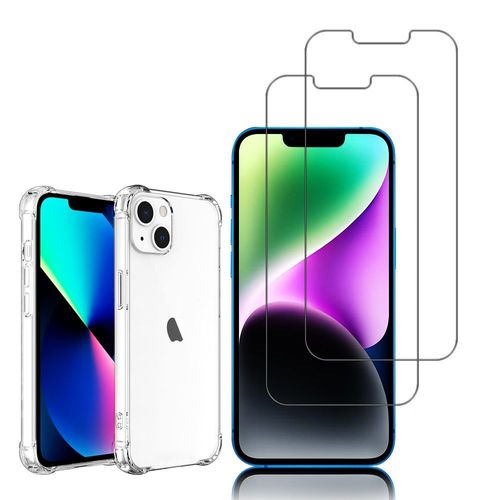 Coque Silicone Tpu Souple Pour Apple Iphone 14 6.1" Anti-Choc Ultra Résistant Avec Coins Renforcés - Transparent + 2 Films Verre Trempé - Transparent