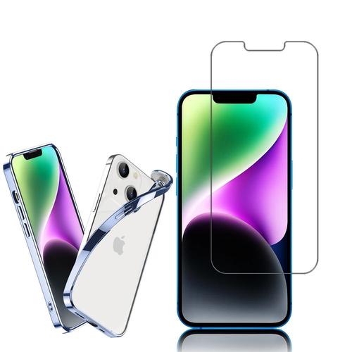Coque Silicone Pour Apple Iphone 14 6.1" Souple Mat Translucide Avec Cadre Carré De Luxe - Bleu + 1 Film Verre Trempé - Transparent