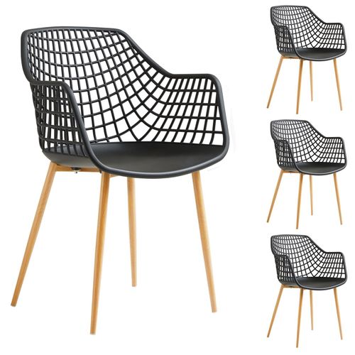 Lot De 4 Chaises Lucia Pour Salle À Mange Design Retro Avec Accoudoirs, Coque En Plastique Noir Et Pieds En Métal Décor Chêne