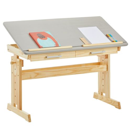 Bureau Enfant Écolier Junior Olivia Table À Dessin Réglable En Hauteur Et Pupitre Inclinable, 2 Tiroirs En Pin Massif Naturel/Gris